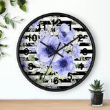 Wall Clock-Soft Blue Floral-Black Horizontal Stripes-White