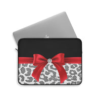 Laptop Sleeve-Glam Red Bow-Grey Leopard-Black