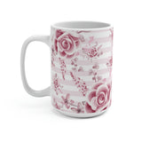 Coffee Mug 15oz-Soft Pink Floral Mauve-Horizontal Stripes-White