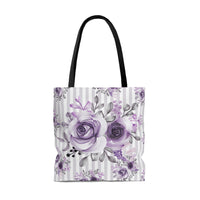 Tote Bag-Soft Purple Floral-Purple Pinstripes-White