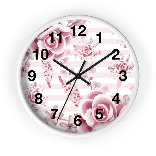 Wall Clock-Soft Pink Floral Mauve-Horizontal Stripes-White