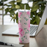 Skinny Tumbler, 20oz-Magenta Pink Floral-White Polka Dots-Pink