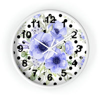 Wall Clock-Soft Blue Floral-Black Polka Dots-White
