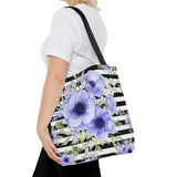 Tote Bag-Soft Blue Floral-Black Horizontal Stripes-White