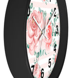 Wall Clock-Lush Pink Floral-Pink Horizontal Stripes-White