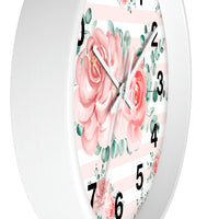 Wall Clock-Lush Pink Floral-Pink Horizontal Stripes-White