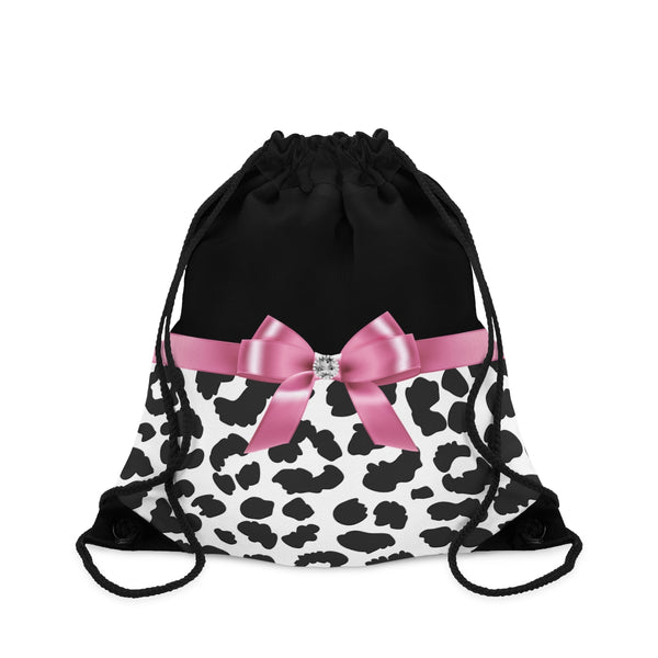 Drawstring Bag-Glam Pink Bow-Snow Leopard-Black