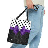 Tote Bag-Glam Purple Bow-Black Polka Dots-Black Glitter