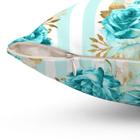 Square Pillow-Aqua Blue Floral Pinstripes