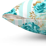 Square Pillow-Aqua Blue Floral Pinstripes