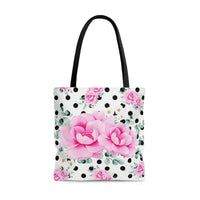 Tote Bag-Magenta Pink Floral-Black Polka Dots-White