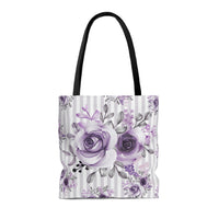 Tote Bag-Soft Purple Floral-Purple Pinstripes-White