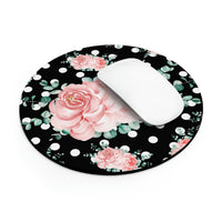 Mouse Pad-Lush Pink Floral-White Polka Dots-Black