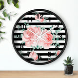 Wall Clock-Lush Pink Floral-Black Horizontal Stripes-White