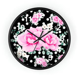 Wall Clock-Magenta Pink Floral-White Polka Dots-Black