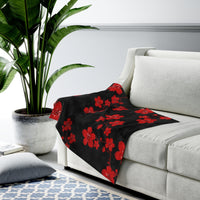 Velveteen Plush Blanket-Red Floral Blossoms-Black