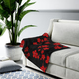 Velveteen Plush Blanket-Red Floral Blossoms-Black