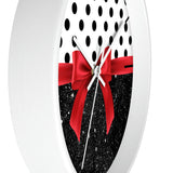 Wall Clock-Glam Red Bow-Black Polka Dots-Black Glitter