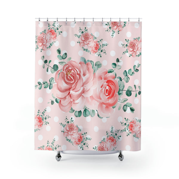 Shower Curtains-Lush Pink Floral-White Polka Dots-Pink