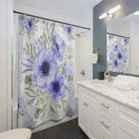 Shower Curtains-Soft Blue Floral-Blue Stencil-White