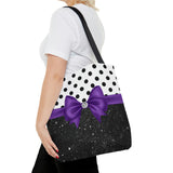 Tote Bag-Glam Purple Bow-Black Polka Dots-Black Glitter