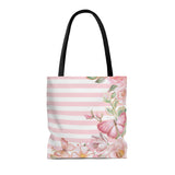 Tote Bag-Pink Floral Butterflies-Pink Horizontal Stripes