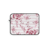 Laptop Sleeve-Soft Pink Floral Mauve-Horizontal Stripes-White