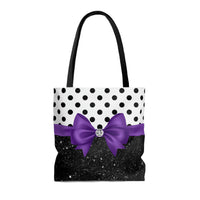 Tote Bag-Glam Purple Bow-Black Polka Dots-Black Glitter