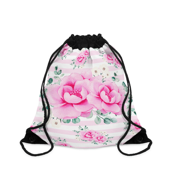 Drawstring Bag-Magenta Pink Floral-Pink Horizontal Stripes-White