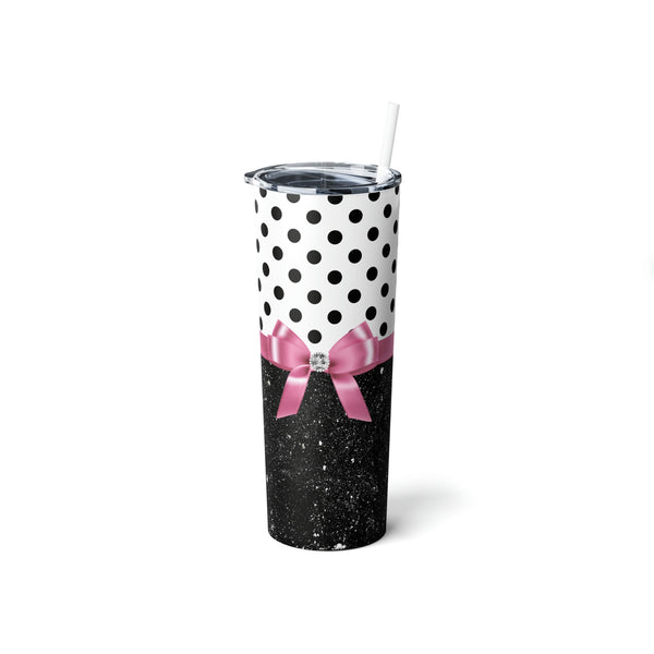 Skinny Tumbler, 20oz-Glam Pink Bow-Black Polka Dots-Black Glitter