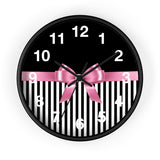 Wall Clock-Glam Pink Bow-Black White Pinstripes-Black