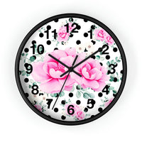 Wall Clock-Magenta Pink Floral-Black Polka Dots-White