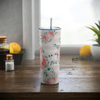 Skinny Tumbler, 20oz-Lush Pink Floral-Pink Horizontal Stripes-White