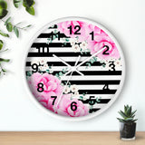 Wall Clock-Magenta Pink-Floral Bash-Black Horizontal Stripes-White