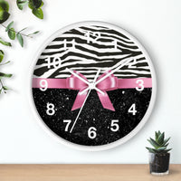 Wall Clock-Glam Pink Bow-Zebra-Black Glitter