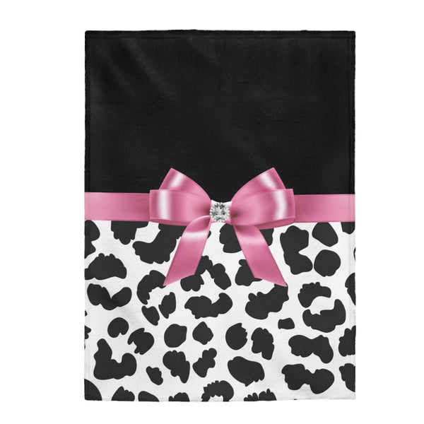 Velveteen Plush Blanket-Glam Pink Bow-Snow Leopard-Black