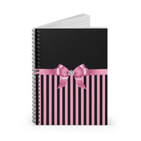 Small Spiral Notebook, 6x8in-Glam Pink Bow-Pink Black Pinstripes-Black