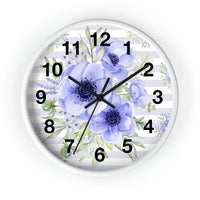 Wall Clock-Soft Blue Floral-Soft Blue Horizontal Stripes-White