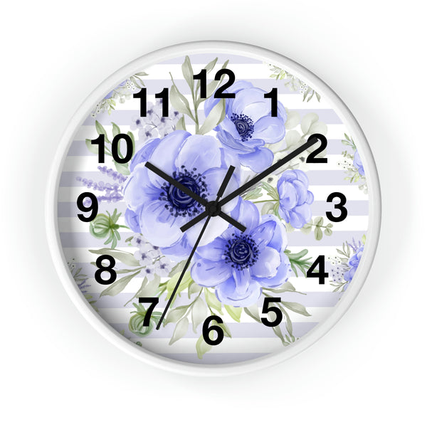 Wall Clock-Soft Blue Floral-Soft Blue Horizontal Stripes-White