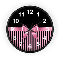 Wall Clock-Glam Pink Bow-Pink Black Pinstripes-Black