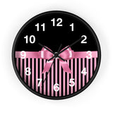 Wall Clock-Glam Pink Bow-Pink Black Pinstripes-Black