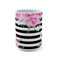 Coffee Mug 15oz-Magenta Pink-Floral Bash-Black Horizontal Stripes-White