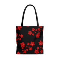 Tote Bag-Red Floral Blossoms-Black