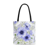 Tote Bag-Soft Blue Floral-Blue Stencil-White