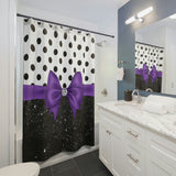 Shower Curtains-Glam Purple Bow-Black Polka Dots-Black Glitter