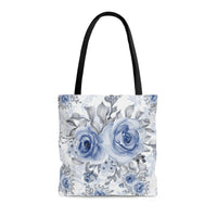 Tote Bag-Stormy Blue-Floral Stencil-White