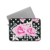 Laptop Sleeve-Magenta Pink Floral-White Polka Dots-Black