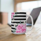 Coffee Mug 15oz-Magenta Pink-Floral Bash-Black Horizontal Stripes-White