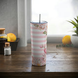 Skinny Tumbler, 20oz-Pink Floral Butterflies-Pink Horizontal Stripes