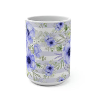 Coffee Mug 15oz-Soft Blue Floral-Soft Blue Horizontal Stripes-White